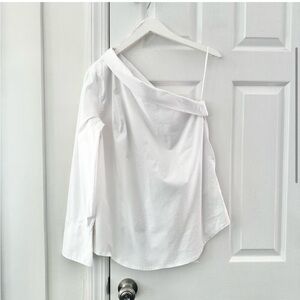 Banana Republic White One Shoulder Long Sleeve Asymmetrical Poplin Blouse Top 8